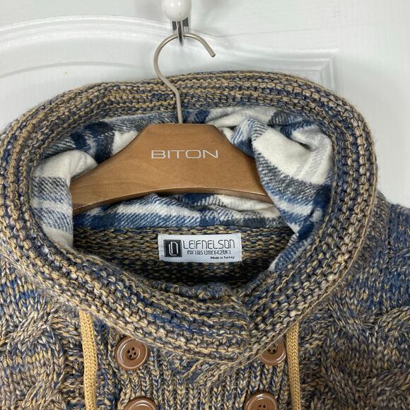 NWOT LEIF NELSON Hoodie Sweater L Aztec Cable-Knit Mock-Neck Drawstring Wool - Picture 10 of 14